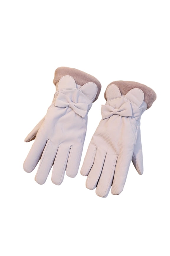 Women's Ski Gloves Solid Color Plush Fleece Lined Thermal Gloves Faux Fur Cuff Cute Bow Windproof Purple