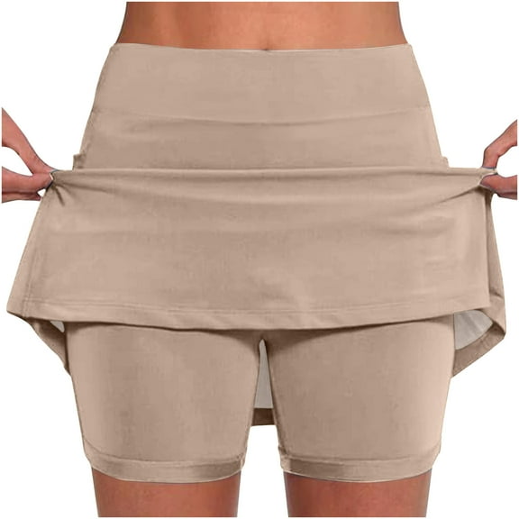 ZQUUVOU Women's Skort Solid Color Mid-Waist Sports Casual Skirt Pants Beige B
