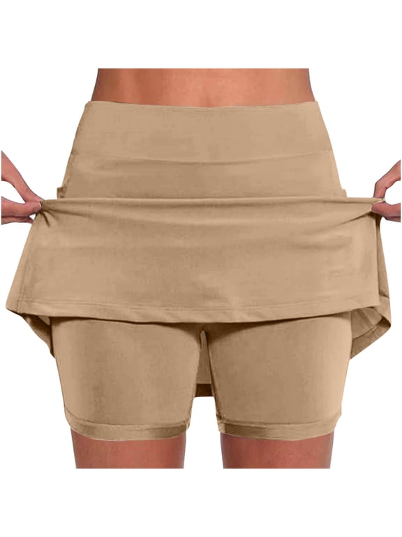 Women's Skort Solid Color Mid-Waist Sports Casual Skirt Pants(Khaki,2XL)