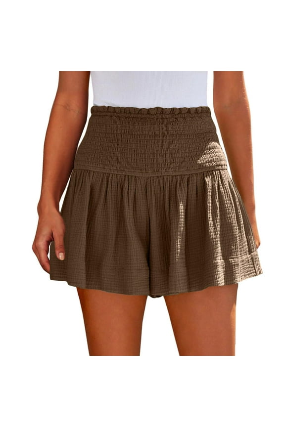 Women's Skort Summer High Elastic Waist Casual Solid Shorts Skirt(Brown,S)