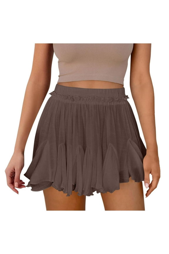 Women's Skort Summer Solid Color Lace Pleated Skirt Pants(Brown,S)
