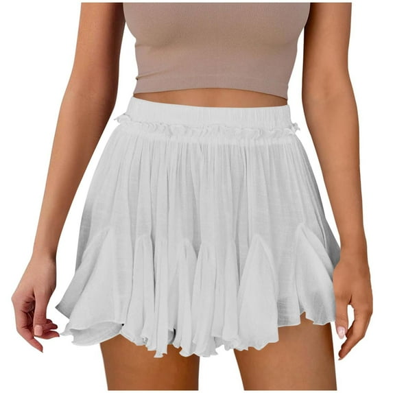 ZQUUVOU Women's Skort Summer Solid Color Lace Pleated Skirt Pants(White,L)
