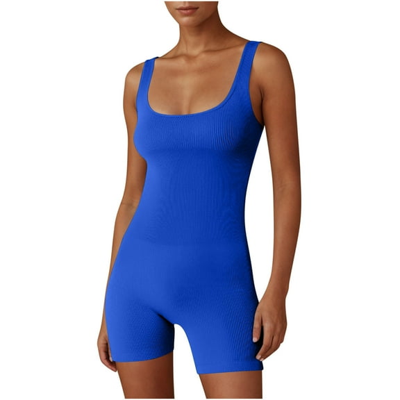 ZQUUVOU Women's Sleeveless Bodysuit Yoga Underwear Shapewear Workout One Piece Outfits Ribbed Going Out Bodycon Shorts Blue