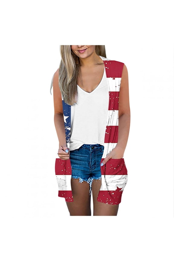 Women's Sleeveless Longline Cardigan Open Front July 4th American Flag Print Pocket Casual Cover Up Summer Top Red