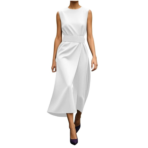 ZQUUVOU Women's Sleeveless Maxi Dress Round Neck Tie Front Side Slit Loose Formal Cocktail Party Gown Dresses White
