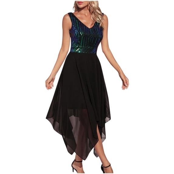 ZQUUVOU Women's Sleeveless Sequin Gown V Neck Mesh Panel Asymmetrical Hem Holiday Party Dress Night Out Dresses Green