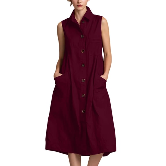 ZQUUVOU Women's Sleeveless Shirt Dress Button Down Cotton Blend Collared Midi Length Summer Dress with Pockets Burgundy