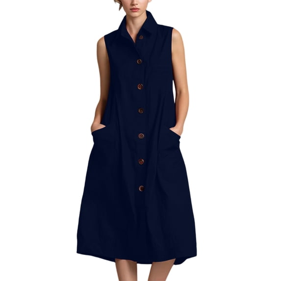 ZQUUVOU Women's Sleeveless Shirt Dress Button Down Cotton Blend Collared Midi Length Summer Dress with Pockets Dark Blue