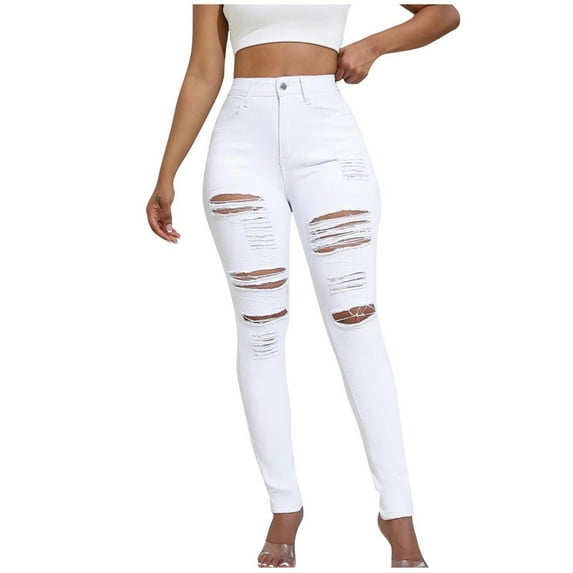 ZQUUVOU Women's Slim Fit Jeans Ripped Jeans High Waisted Butt Lifting Skinny Stretch Denim Pants White