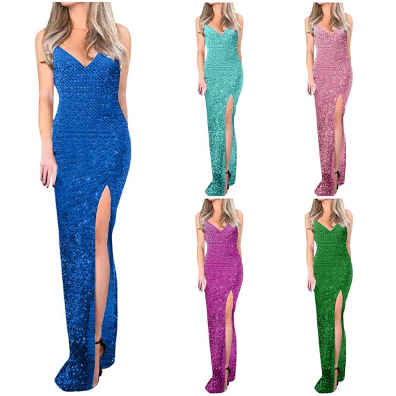 ZQUUVOU Women's Slit Sequin Gown Sleeveless V Neck Sparkly Party Dress for Evening Celebration Wedding Guest Blue