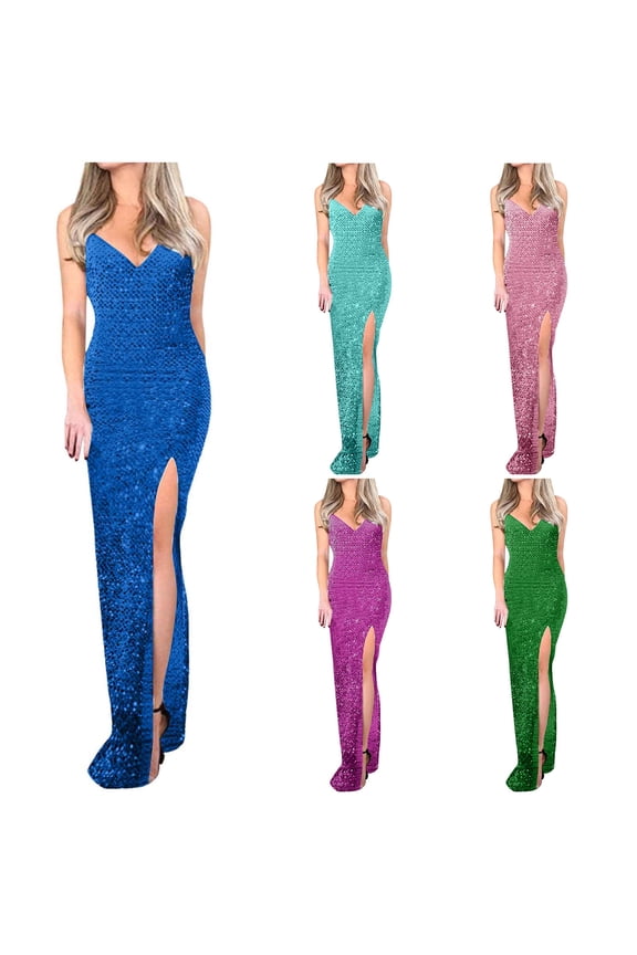 Women's Slit Sequin Gown Sleeveless V Neck Sparkly Party Dress for Evening Celebration Wedding Guest Green