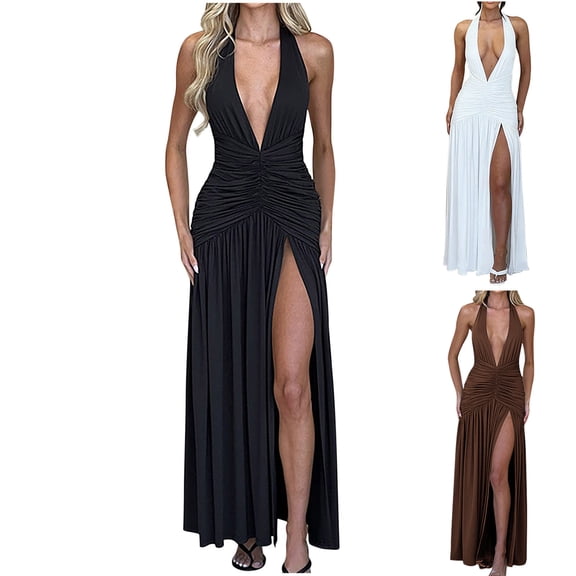 ZQUUVOU Women's Smocked Bodycon Dress Deep V Neck Halter High Split Backless Cocktail Party Formal Maxi Dress White