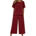 thumbnail image 1 of ZQUUVOU Women's Solid 2 Piece Set Cotton Linen Short Sleeve Loose Round Neck Summer Tops Pants with Pocket Burgundy A, 1 of 8