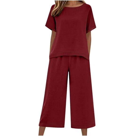 ZQUUVOU Women's Solid 2 Piece Set Cotton Linen Short Sleeve Loose Round Neck Summer Tops Pants with Pocket Burgundy A