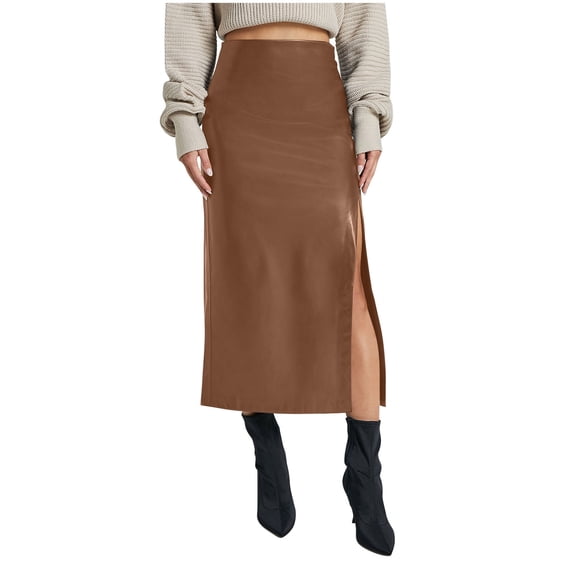 ZQUUVOU Women's Solid Bodycon Skirt High Waist Side Zipper Slit Summer Slim Pencil Midi Skirt Daily Office Brown