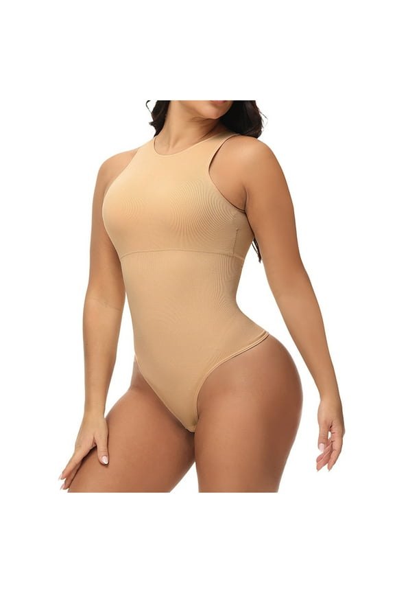 Women's Solid Color Bodysuit with Padded Cups Snap Crotch Tummy Control High Elasticity Shapewear Bodysuit Beige