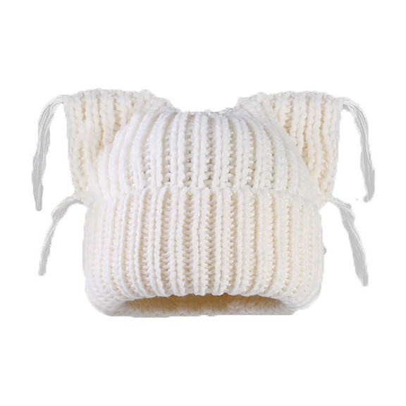 ZQUUVOU Women's Solid Color Knit Cap with Ears Tassel Cute Trendy Thickened Thermal Beanie Hat for Cold Weather White