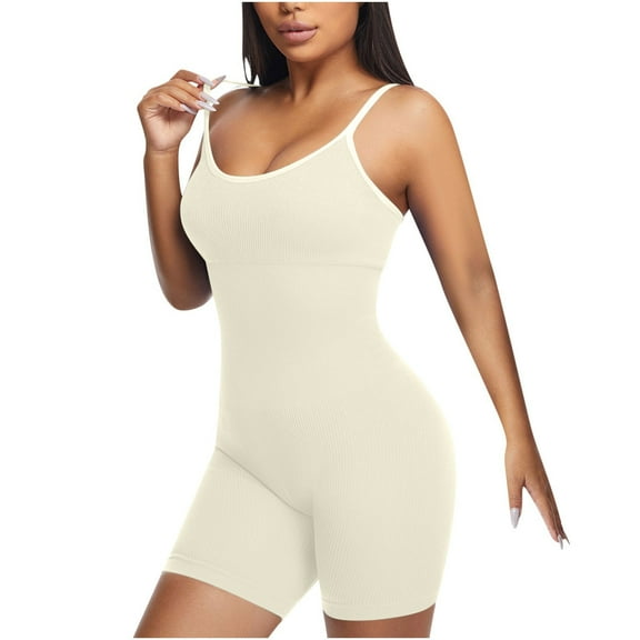 ZQUUVOU Women's Solid Color Workout Bodysuit Tummy Control Sleeveless Shapewear for Tight Fitting Corset Yoga Gym Athletic White