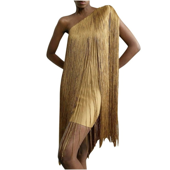 ZQUUVOU Women's Solid Fringe Gown One Shoulder Asymmetric Neckline Party Dress for Celebration Cocktail Night Out Dresses Gold