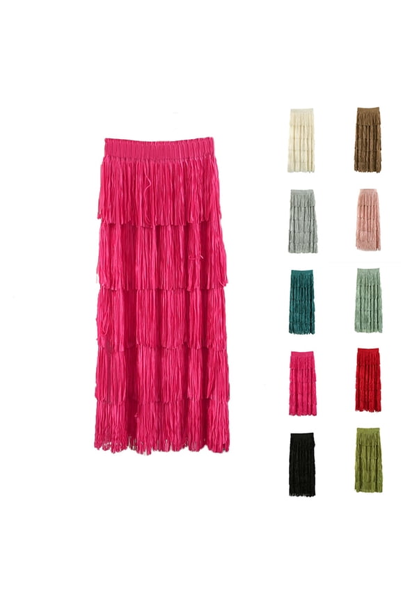 Women's Solid Tiered A-Line Skirt Mid-Length Straight Cut Fringe Hem Casual Elegant Long Maxi Tassel Skirt Khaki