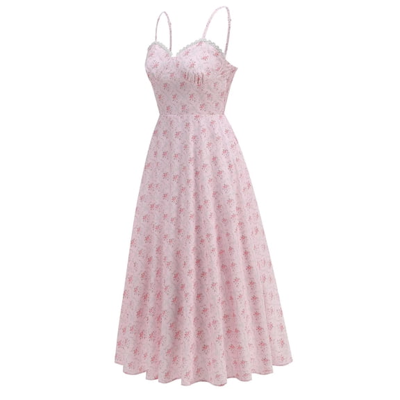 ZQUUVOU Women's Spaghetti Strap Dress Floral Printed Embroidered Vintage Formal Dress for Garden Party Photoshoot Pink