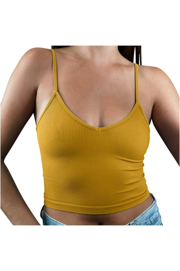 Women's Spaghetti Strap Tank Top V Neck Sleeveless Crop Tops Cotton Fitted Summer Cami Shirts Casual Yoga Wear Yellow