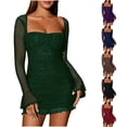 thumbnail image 1 of ZQUUVOU Women's Sparkly Cocktail Dresses Mesh Long Sleeve Square Neckline Formal Party Bodycon Mini Dress for Evening Green, 1 of 9