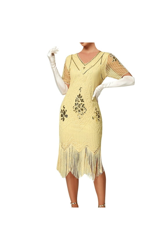 Women's Sparkly Fringe Party Dress Short Sleeve V Neck Sequin Embellished Cocktail Gown Celebration Beige