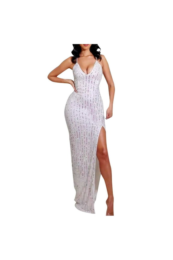 Women's Sparkly Slip Maxi Dress Sleeveless Spaghetti Strap Side Tie High Leg Slit Evening Gown Party White