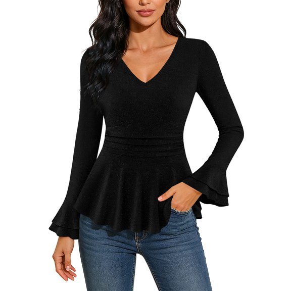 ZQUUVOU Women's Sparkly V Neck Tops Long Sleeve Pleated Flounce Sleeve Glittery Blouse for Party Night Out Black