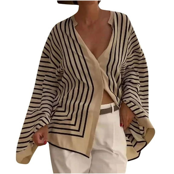 ZQUUVOU Women's Spring And Summer Comfortable Long Sleeved Striped Loose Cardigan (Beige,XL)