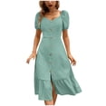 thumbnail image 1 of ZQUUVOU Women's Square Neck Midi Dress Puff Sleeves Button Front Ruffle Hem Elegant Sundress Casual Summer Beachwear Blue, 1 of 6