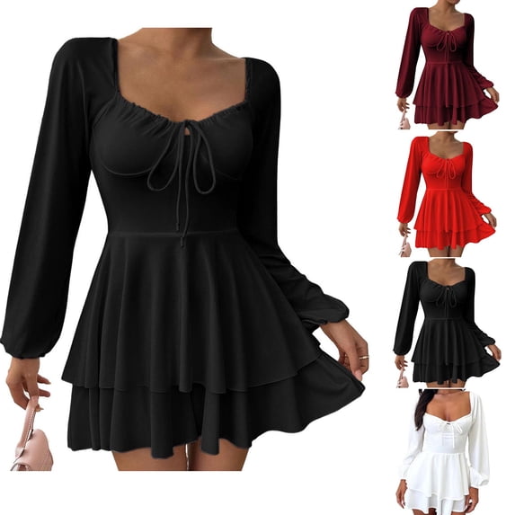 ZQUUVOU Women's Square Neck Tiered Gown Long Sleeve Solid Color Ruffle Layered Hem Elegant Party Mini Dress Black