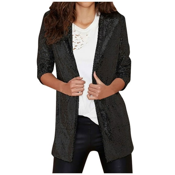 ZQUUVOU Women's Squine Coat Solid Color Long Sleeved Cardigan Top (Black,M)