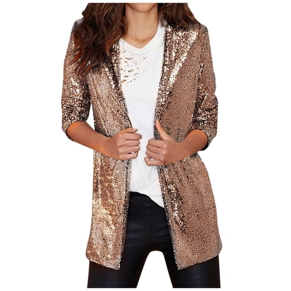 ZQUUVOU Women's Squine Coat Solid Color Long Sleeved Cardigan Top (Gold,L)