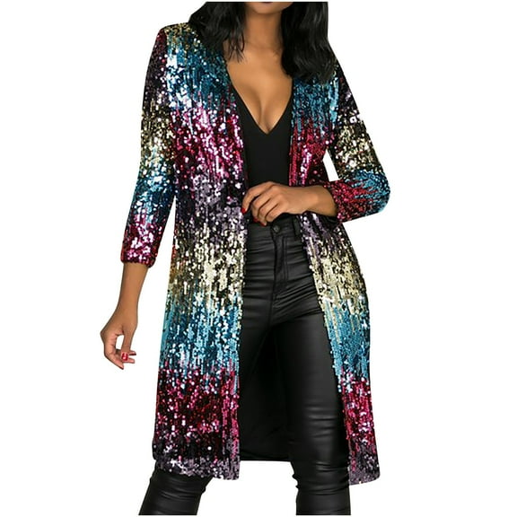 ZQUUVOU Women's Squine Coat Solid Color Long Sleeved Cardigan Top (Multicolor,S)