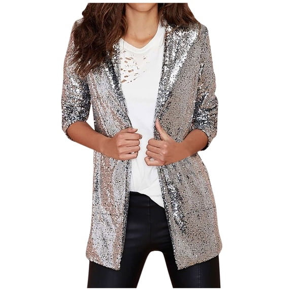 ZQUUVOU Women's Squine Coat Solid Color Long Sleeved Cardigan Top (Silver,M)