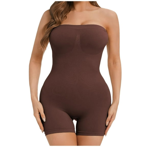 ZQUUVOU Women's Strapless Bodysuit Shapewear Tummy Control Seamless Full Body Shaper Shaping Shorts Tube Rompers Coffee