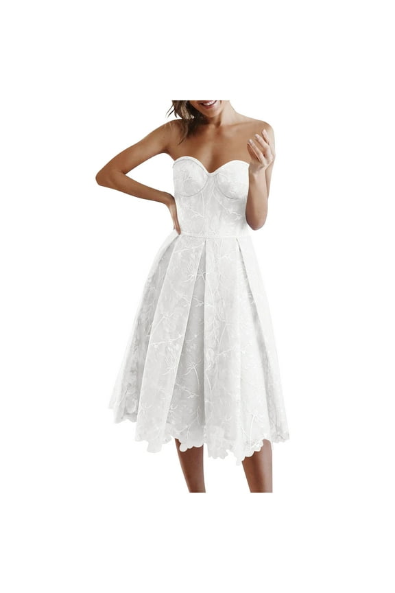 Women's Strapless Lace Gown Sleeveless Bustier Party Wedding Guest Dress Pleated Skirt Jacquard Formal Midi Dresses White