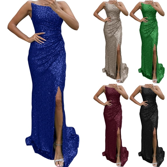 ZQUUVOU Women's Strapless Sequin Slit Gown Corset Waist Glittering Party Dress Formal Evening Special Occasion Blue