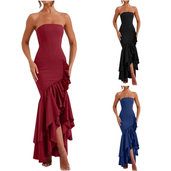 ZQUUVOU Women's Strapless Slit Bodycon Gown Open Back Formal Wedding Guest Dress Evening Banquet Ruffle Long Dress Burgundy