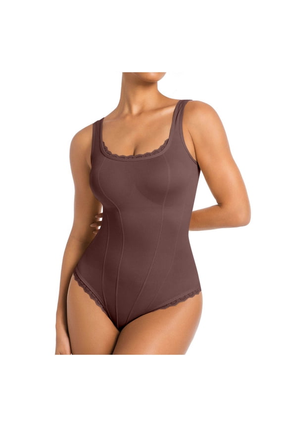 Women's Stretch Lace Bodysuit Bust Enhancing Tummy Control Elegant Shapewear Square Neck Body Suits Brown