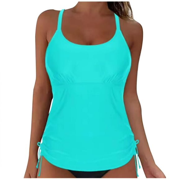 ZQUUVOU Women's String Swimsuit Top Cami Solid Color Ruffle Built In Soft Bra Tankini Top Tummy Control Swimsuits Mint Green