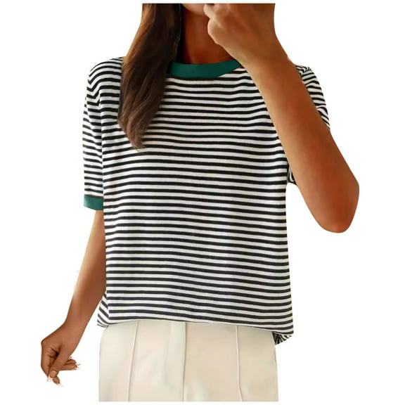ZQUUVOU Women's Stripe T-Shirt Printed Short Sleeve Round-Neck Blouses Green (S)