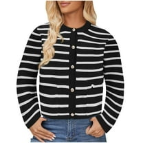 ZQUUVOU Women's Striped Cardigan Sweaters Crewneck Button Down Long Sleeve Casual Cropped Knit Lady Tops Black