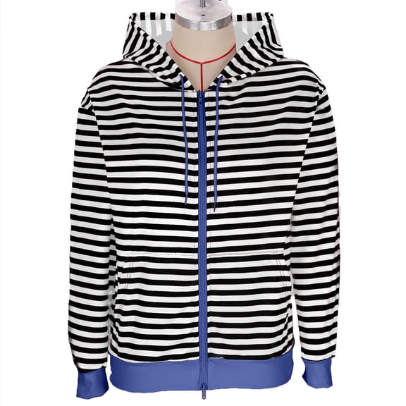 ZQUUVOU Women's Striped Hooded Tops with Adjustable Drawstring Front Zip Trendy Casual Pocketed Sweatshirts Blouse Ladies Shirts Black
