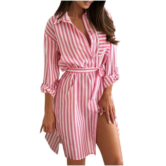 ZQUUVOU Women's Striped Shirts Dress Long Sleeve Collared Button Down Belted Waist Loose Knee Length Office Outfit Pink