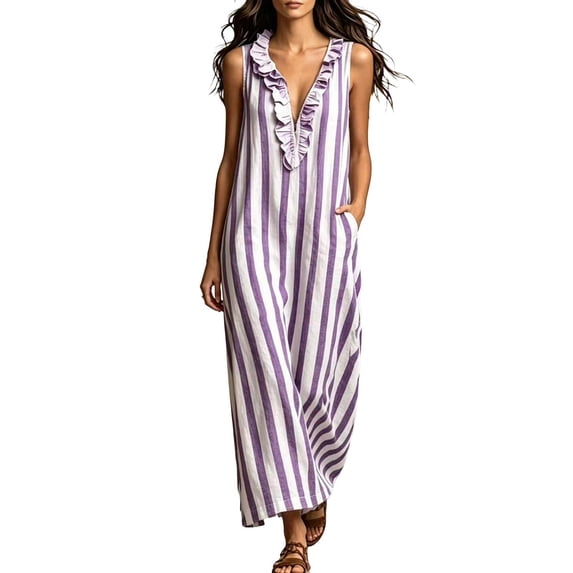 ZQUUVOU Women's Striped Sleeveless Maxi Dress Ruffle V Neck with Pockets Casual Loose Fit Summer Beach Vacation Daily Wear Purple