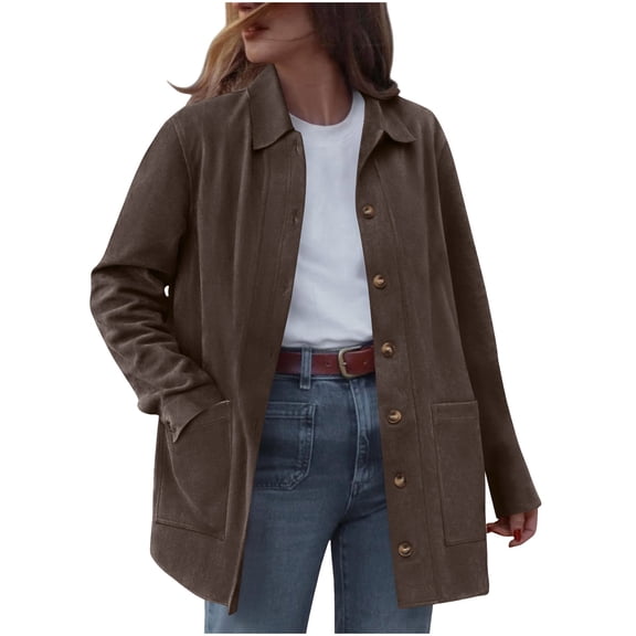 ZQUUVOU Women's Suede Jacket Collar Long Sleeve Button Front Fall Winter Long Sleeve Outerwear Coats Work Office Clothes Brown