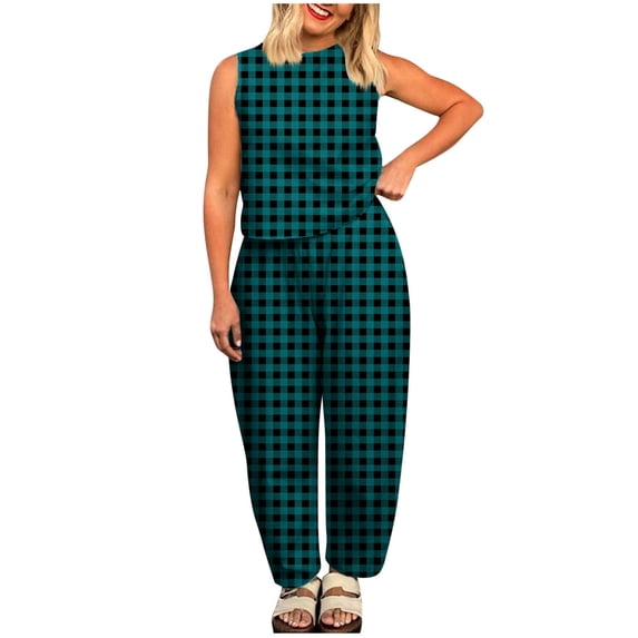ZQUUVOU Women's Summer 2 Piece Outfit Plaid Print Sleeveless Vest Top and High Waist Pants Set Casual Cropped Trousers Mint Green